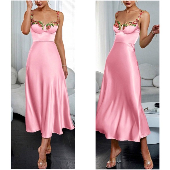 Luxe Floral Embroidered Satin Midi Evening party Midi Dress - Picture 2 of 9